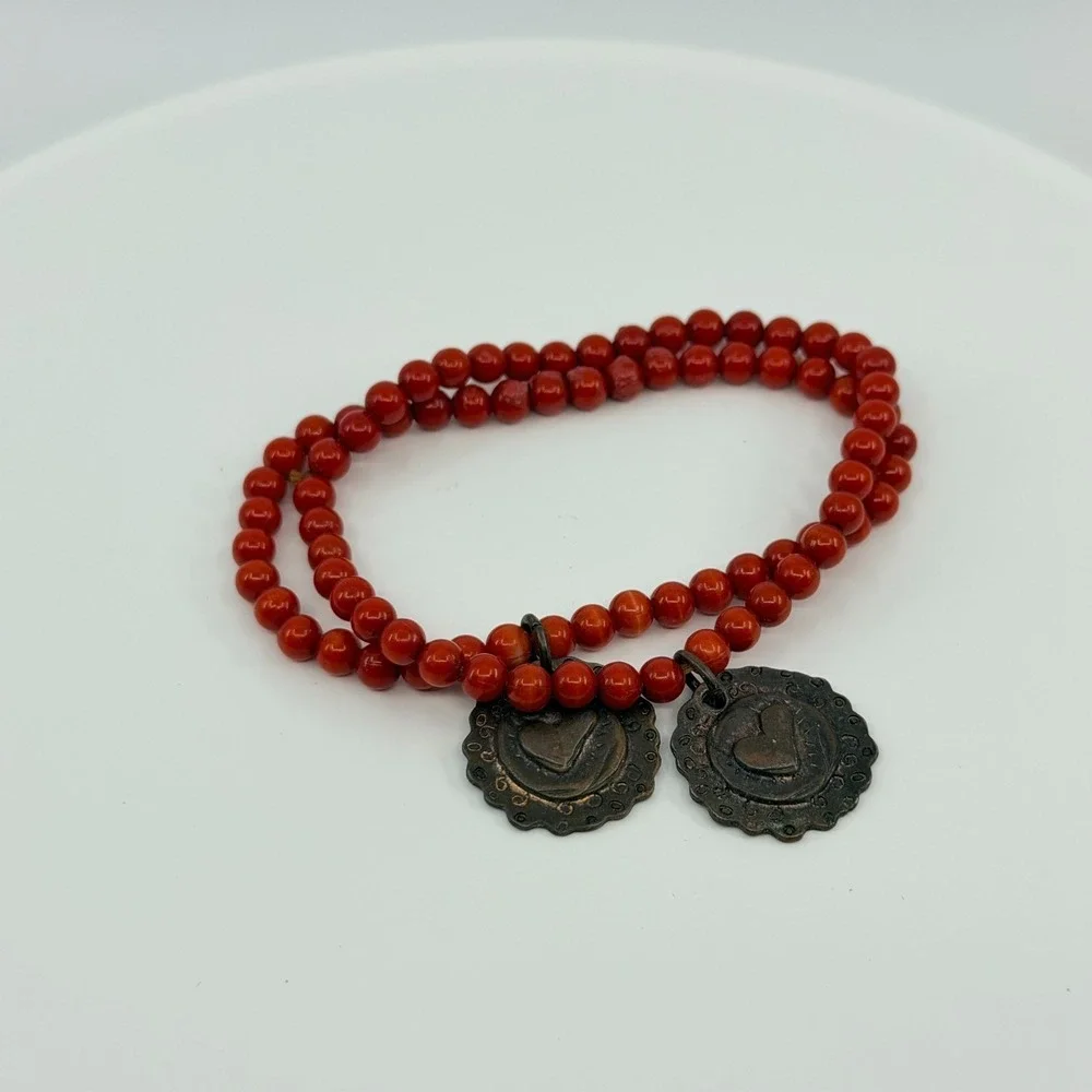 Vintage Red Beaded Double Strand Bracelet Bronze Heart Charms‎ Boho Artisan Y2K